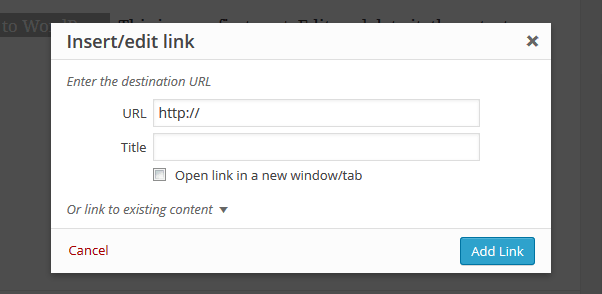 wordpress 4.1 add link popup box