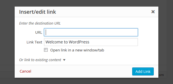 wordpress 4.2 add link popup box