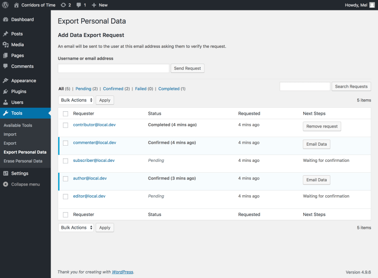 WordPress 4.9.6 export privacy data