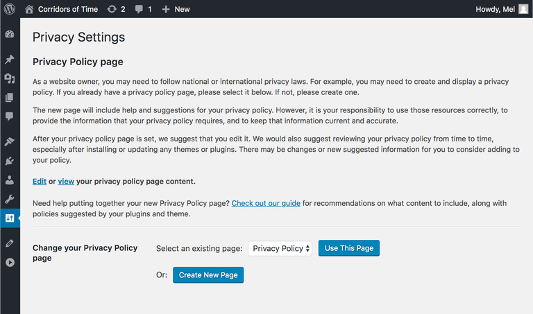 WordPress 4.9.6 privacy policy page