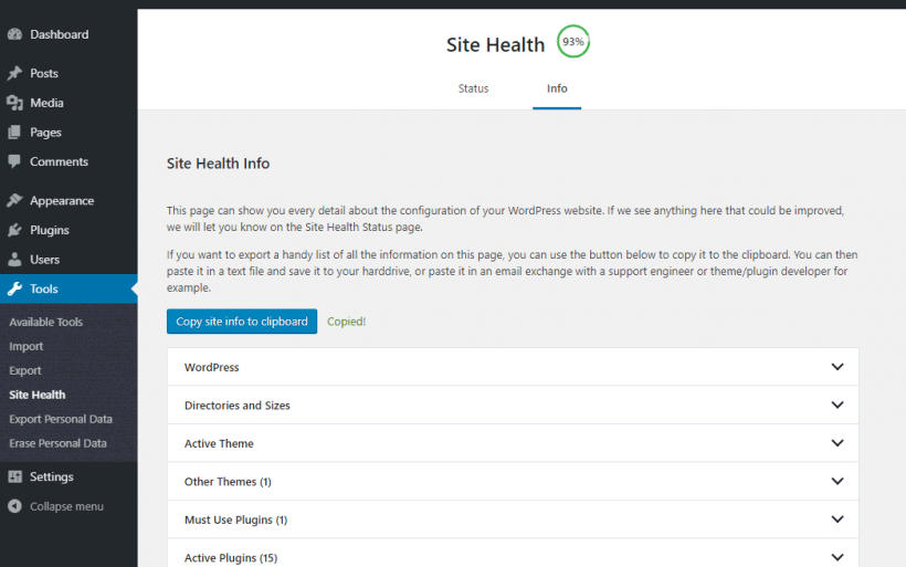 wordpress 5.2 site health info