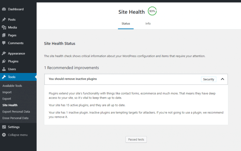 wordpress 5.2 site health status