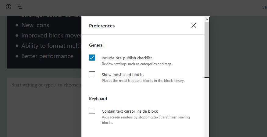 preferences modal in WordPress 5.6