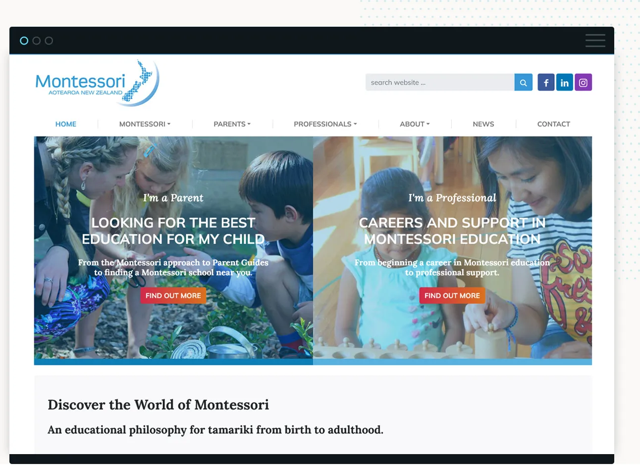 screenshot of the website Montessori Aotearoa New Zealand designed by Good Websites Tauranga